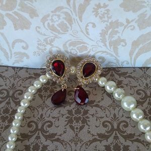 Faux Garnet Earrings Clip Rhinestones
